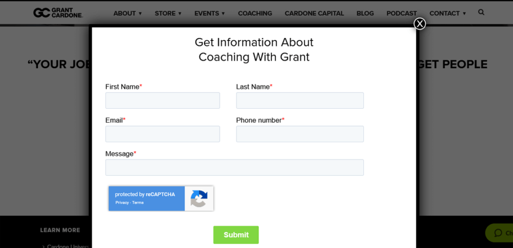 Grant Cardone Sales Funnel Types Coaching Popup