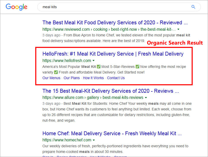 Hellofresh Google Organic Search Result Advert