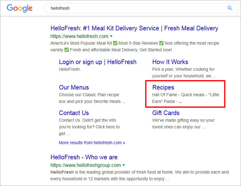Hellofresh Google Search Recipes Sitelink