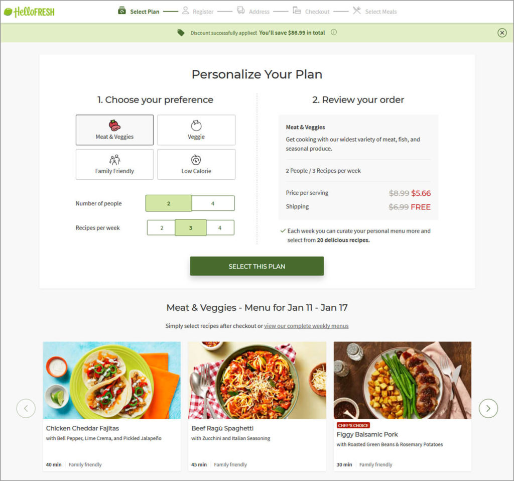 Hellofresh Sales Funnel Example Select Plan Stage