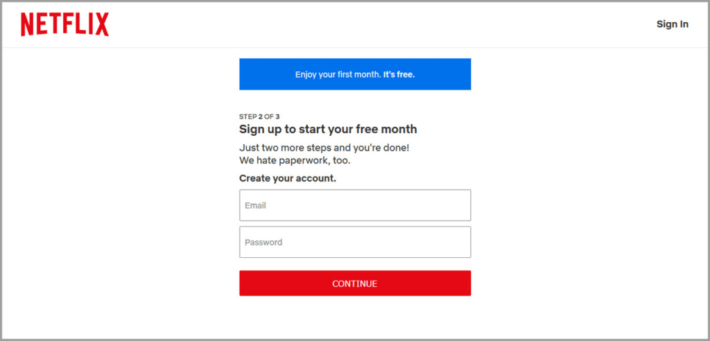 Netflix Funnel Sign Up Page