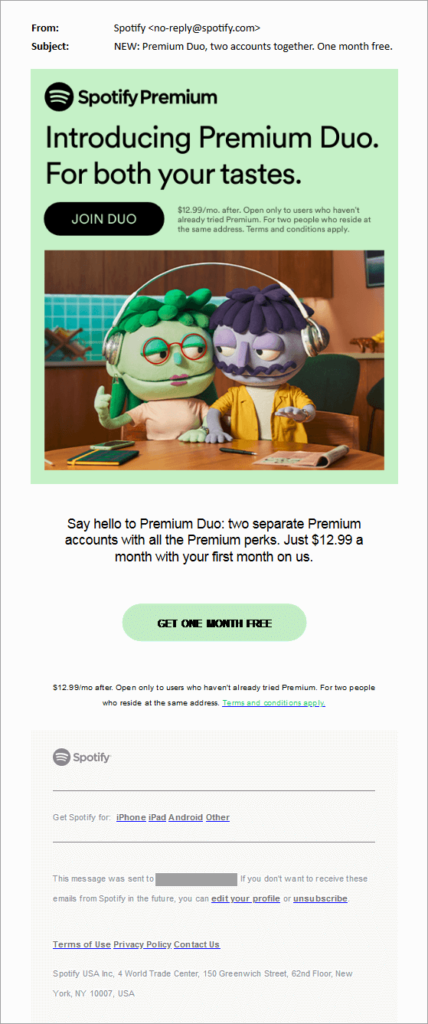 Spotify Sales Funnel Duo Upsell Email Example