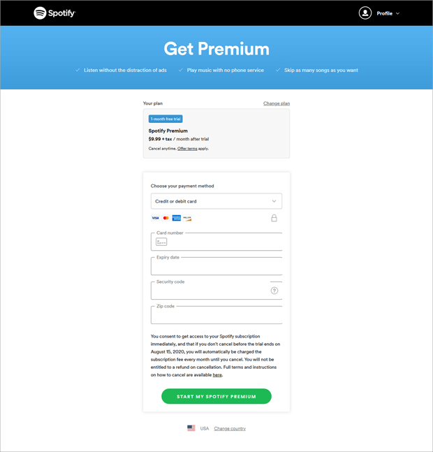 Spotify Sales Funnel Premium Upsell Payment Page