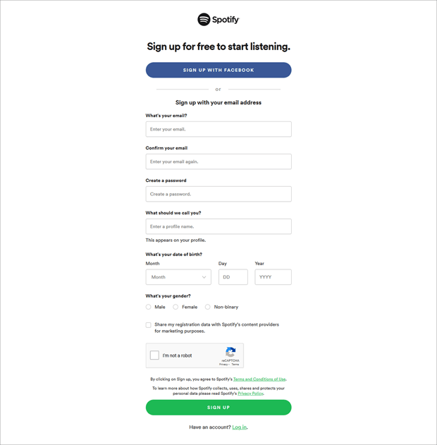 Spotify Sales Funnel Sign Up Page