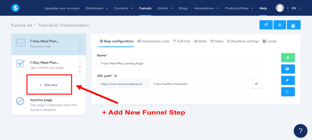 Create A Funnel Systeme.io Add Sales Page Step