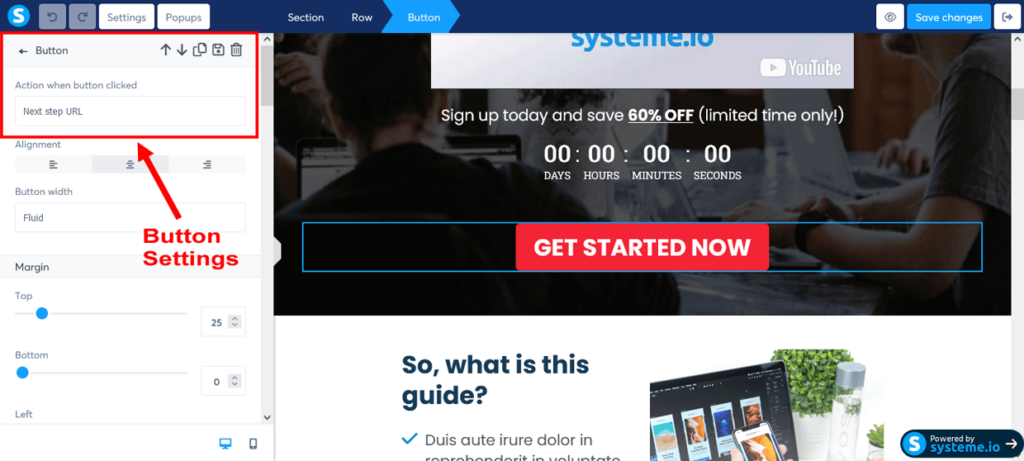 Create A Funnel Systeme.io Edit Sales Page Button Settings