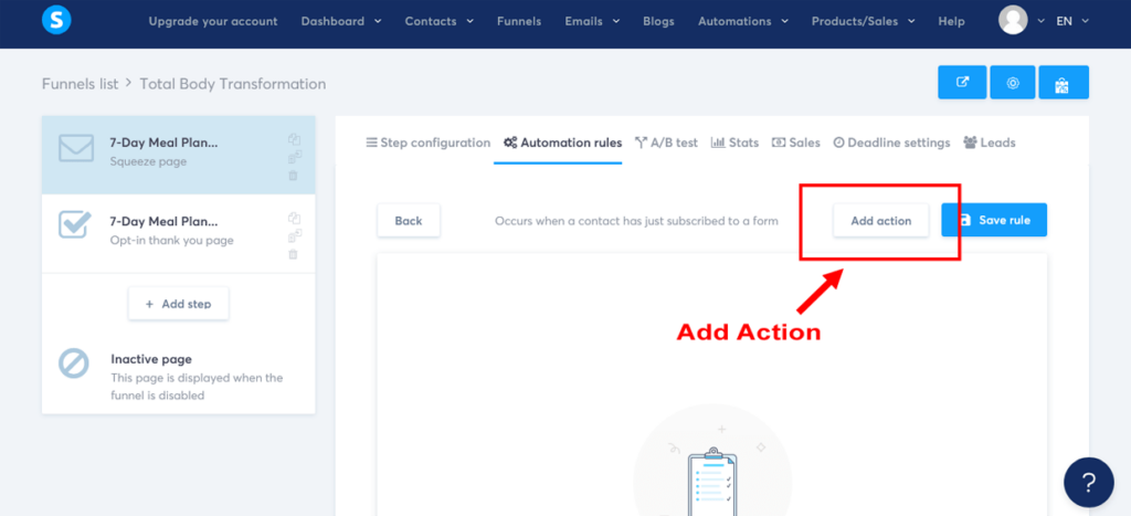 Create A Funnel Systeme.io Landing Page Automation Rule Add Action