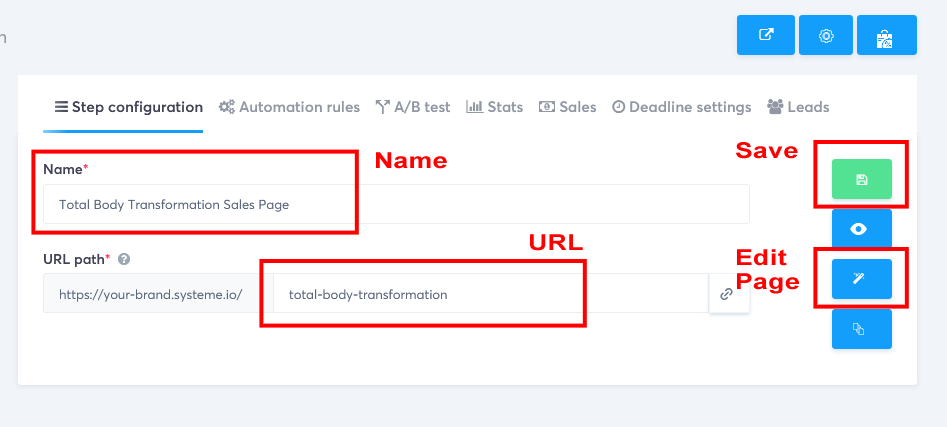 Create A Funnel Systeme.io Sales Page Name URL Save And Edit