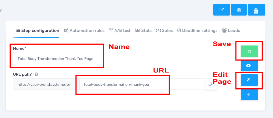 Create A Funnel Systeme.io Sale Thank You Page Name And URL Save And Edit Page