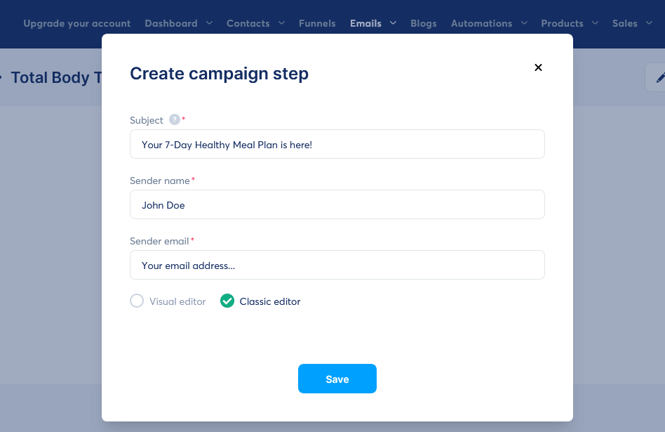 Create A Sales Funnel Systeme.io Add First Email To Campaign Step