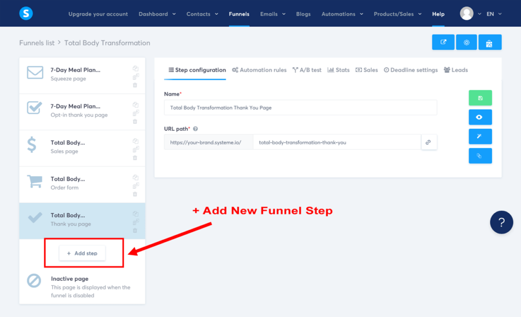 Create A Sales Funnel Systeme.io Add Upsell Page Step