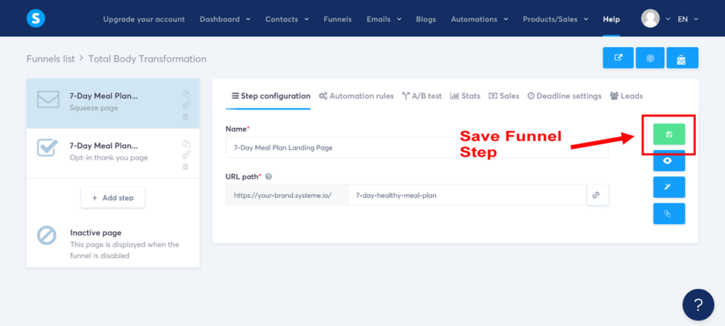 Create A Sales Funnel Systeme.io Landing Page Save Step