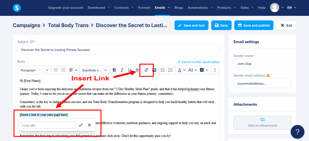 Create A Sales Funnel Systeme.io Second Email In Editor Insert Link