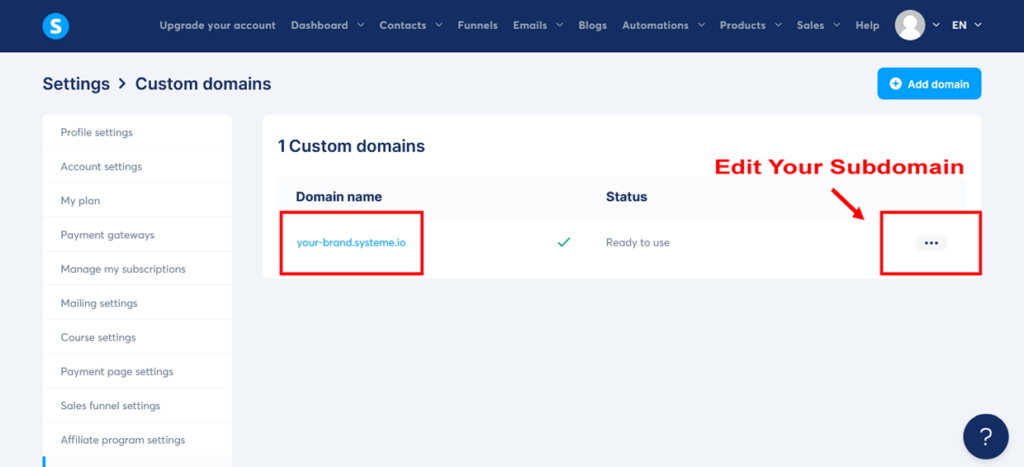 Create A Sales Funnel Systeme.io Settings Custom Domain And Subdomain Settings