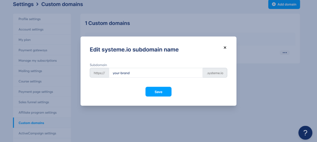 Create A Sales Funnel Systeme.io Settings Edit Subdomain Name