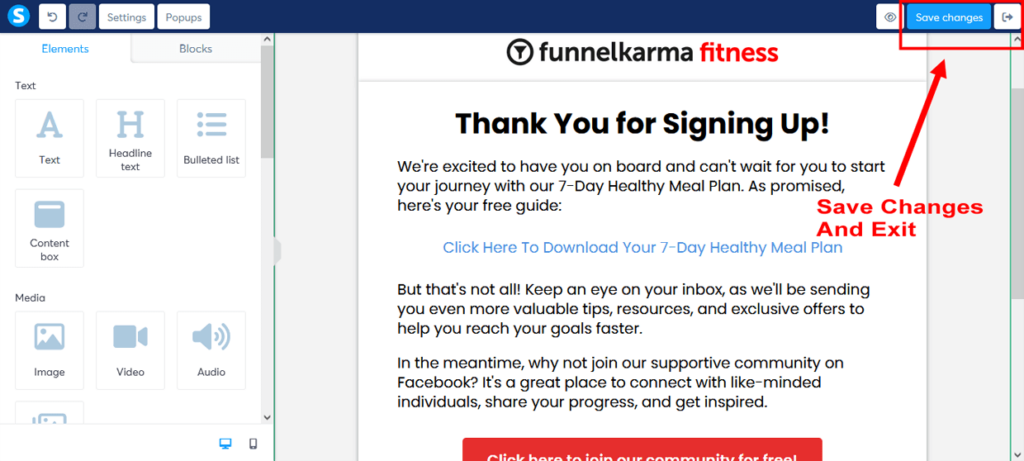 Create A Sales Funnel Systeme.io Opt-in Thank You Page Save Changes And Exit