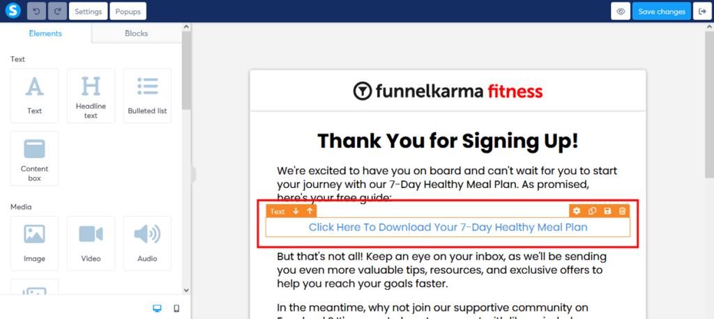 Create A Sales Funnel Systeme.io Opt-in Thank You Page Text Box For PDF Link