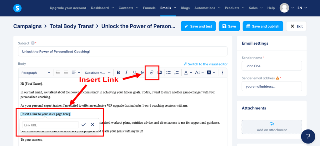 Create A Sales Funnel Systeme.io Third Marketing Email In Editor Insert Link