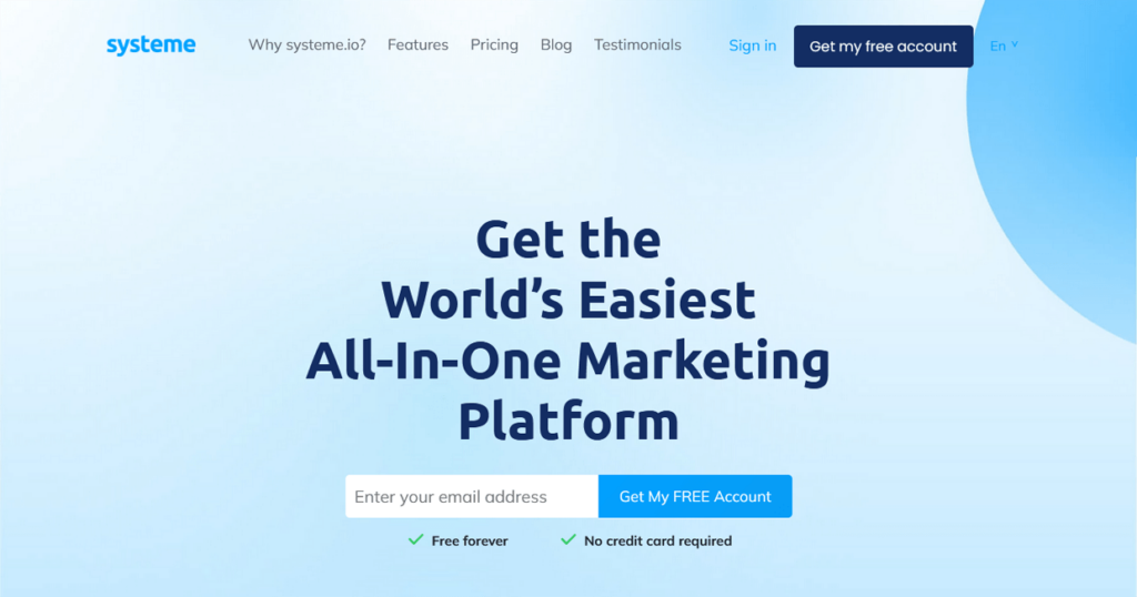 Systeme.io Sales Funnel Builder Homepage Create Account Signup