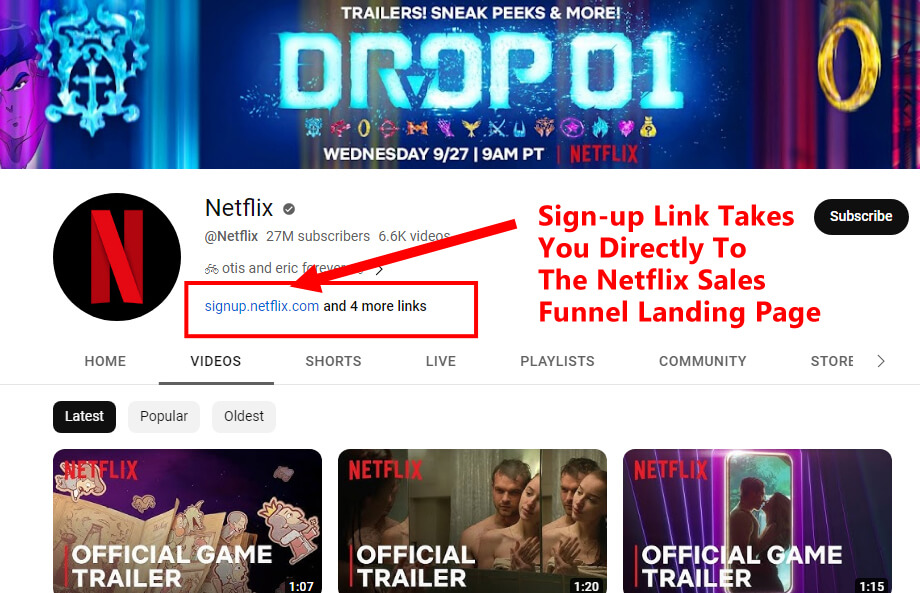 Netflix YouTube Link To Sales Funnel Landing Page